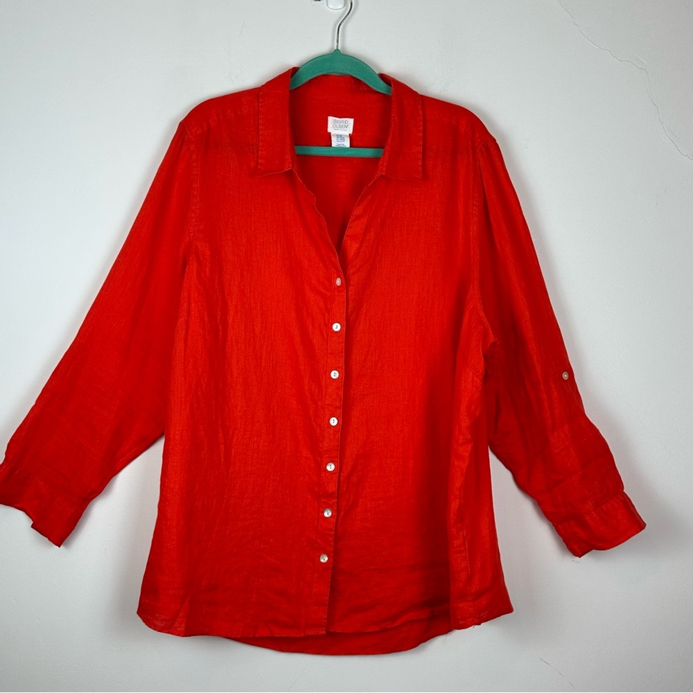 Sigrid Olsen 100% Linen Orange Button Up Top Beach Coastal Cruise 2X